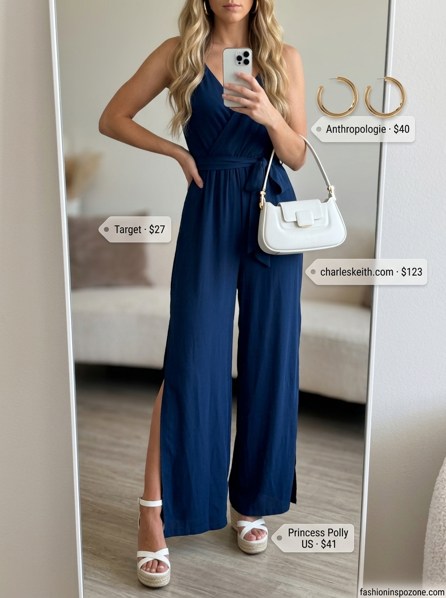 Chic navy blue wide leg jumpsuit for summer going out to a club outfits for women 2026.