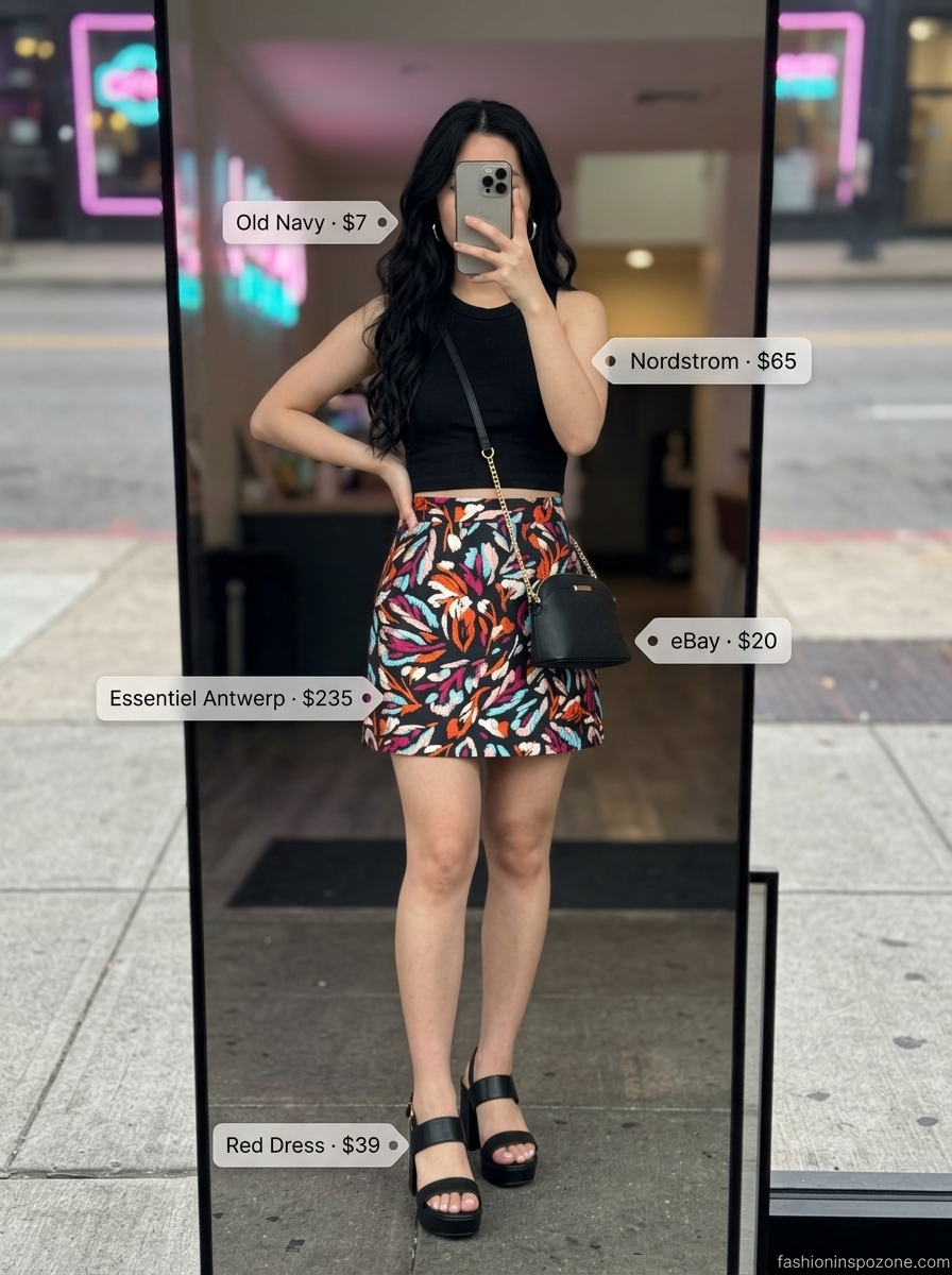 Bold abstract floral mini skirt with black crop top for summer going out to a club outfits for women 2026.
