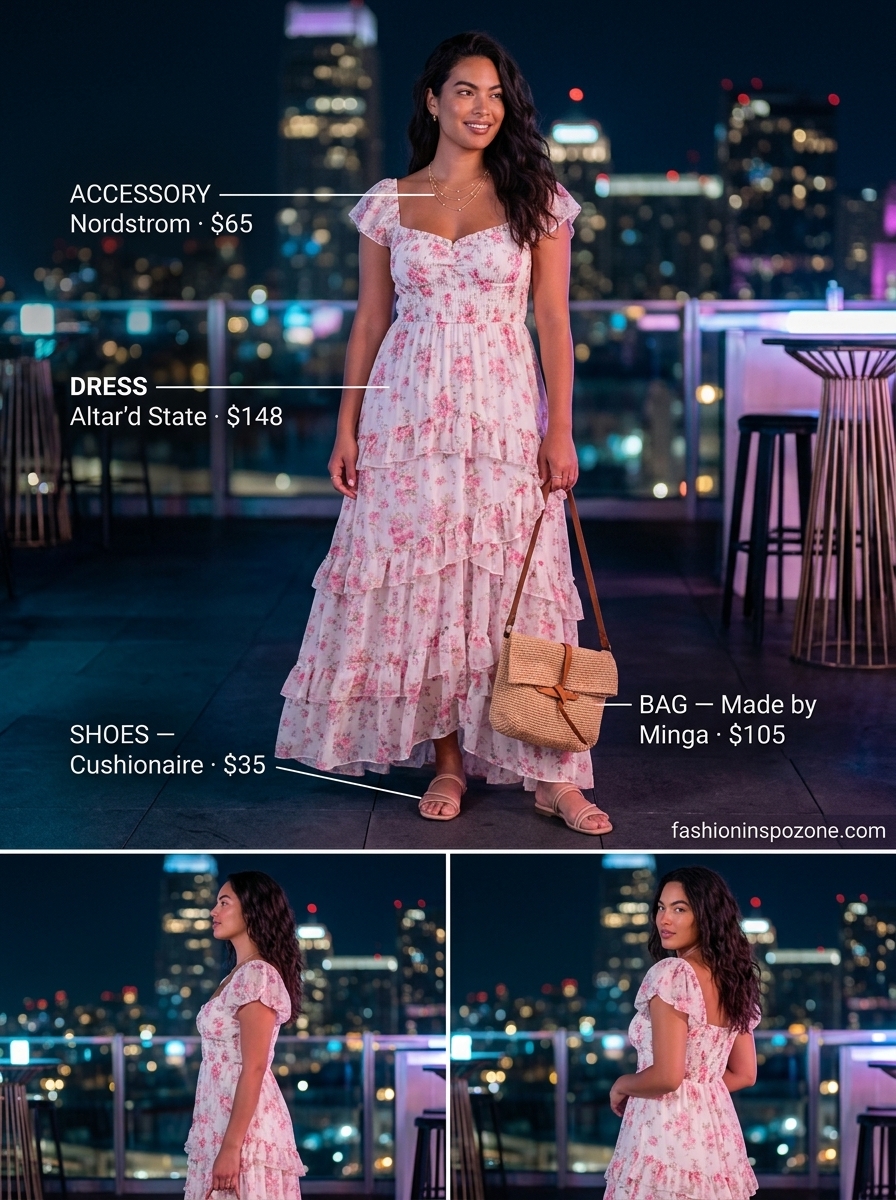 Pastel floral maxi dress with flat sandals and woven bag for summer evening events and date nights 2026.