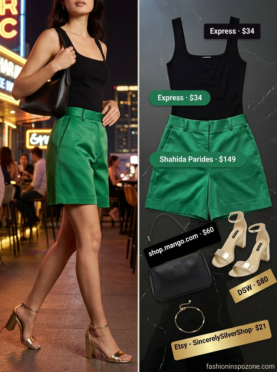 Emerald green satin shorts with a black top for summer going out to a club outfits for women 2026.