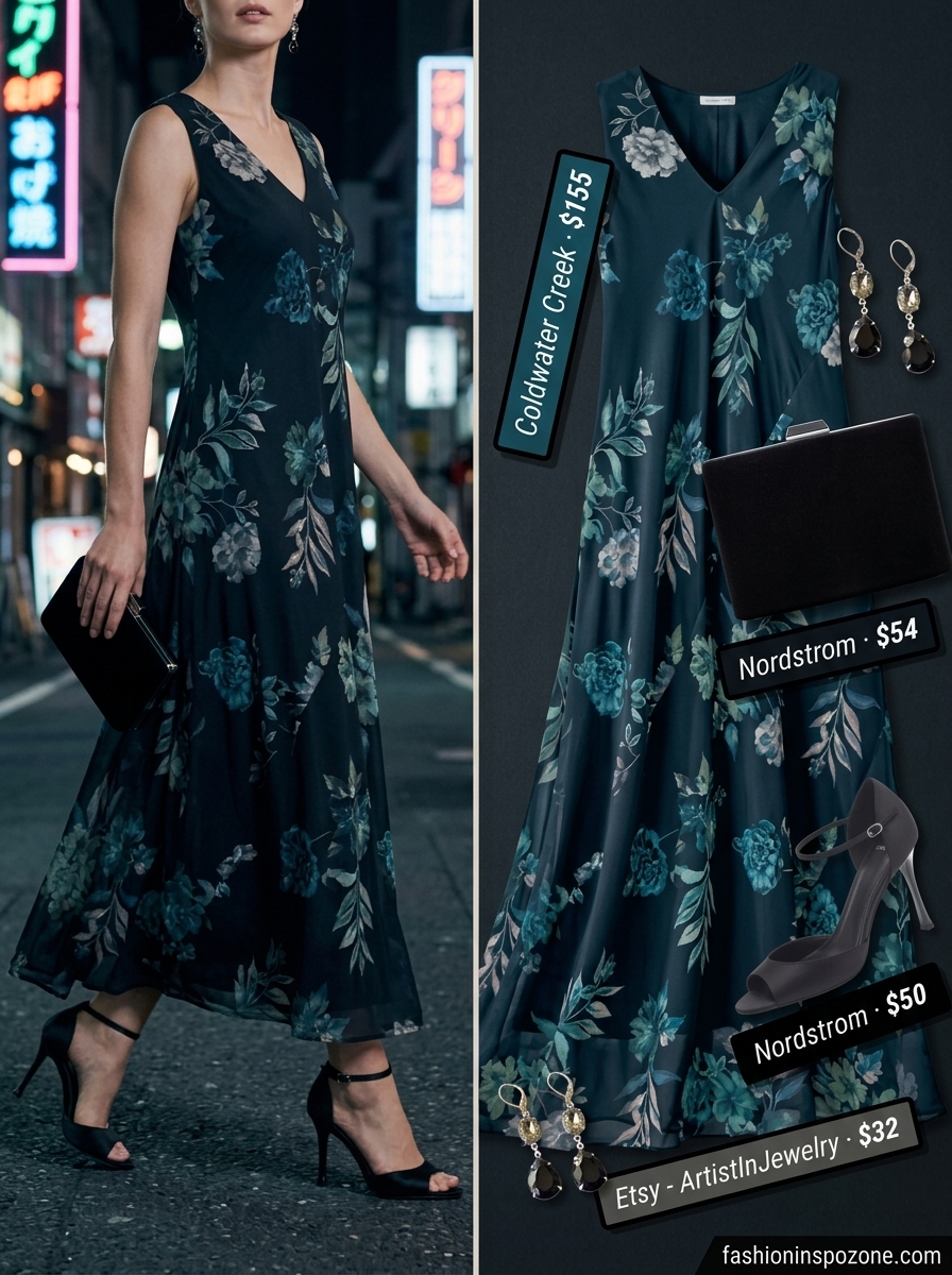 Deep blue floral maxi dress with black heels for summer evening event outfits for women 2026.
