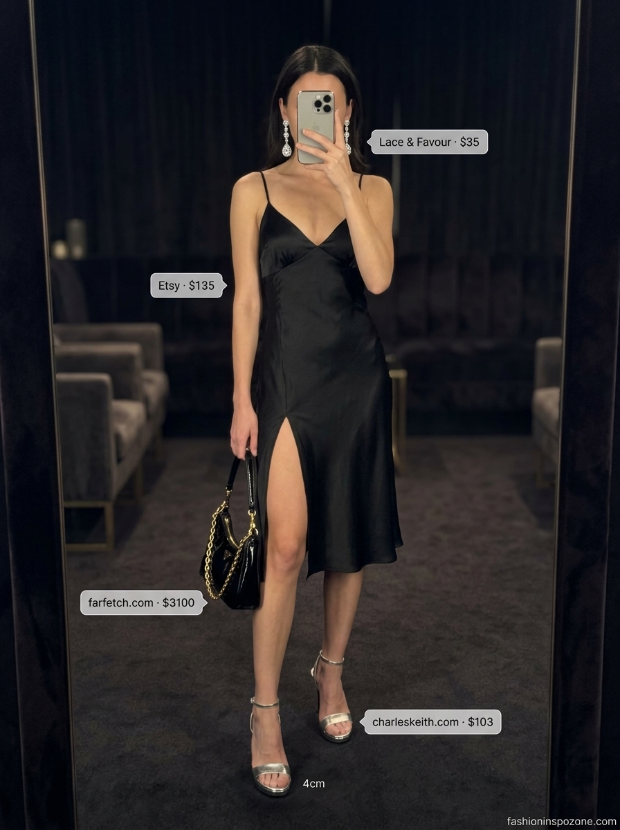 Glamorous black satin slip dress with silver heels for summer going out to a club outfits for women 2026.