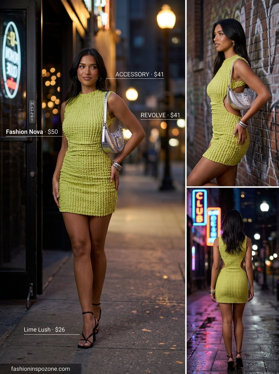 Neon green bodycon mini dress with black heels for summer going out to a club outfits for women 2026.