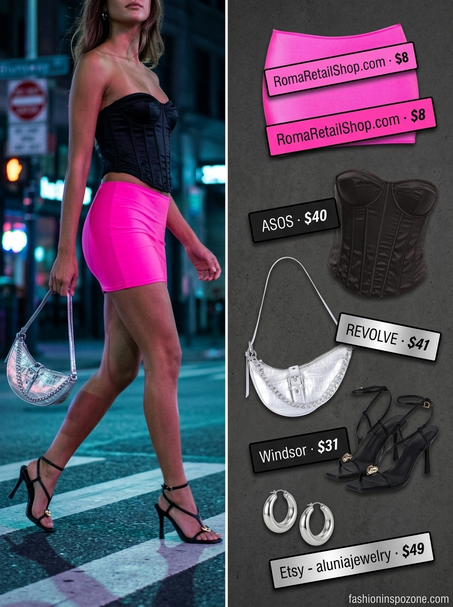 Neon pink mini skirt with black corset top and silver bag for summer going out to a club outfits for women 2026.