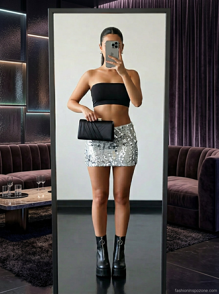 Silver sequin mini skirt with black bandeau top and platform boots for summer going out to a club outfits for women 2026.