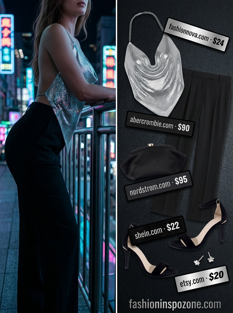 Silver chainmail halter top with black tailored trousers for summer going out to a club outfits for women 2026.
