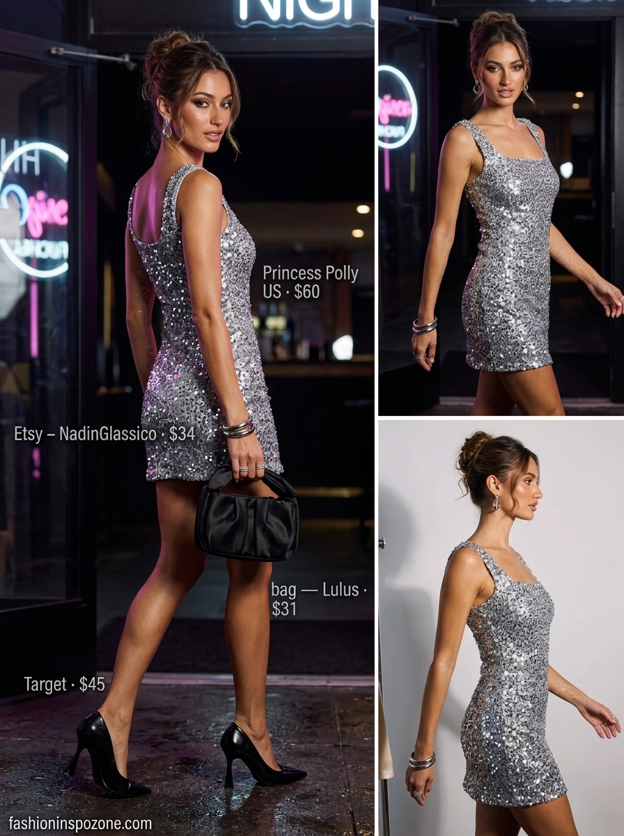 Showstopping silver sequin mini dress for summer going out to a club outfits for women 2026.