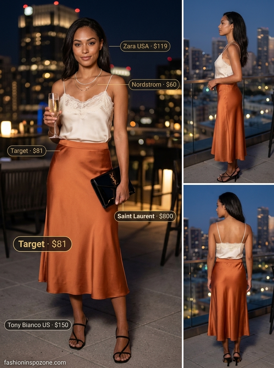 Sunset orange satin slip skirt with a cream camisole for summer going out to a club outfits for women 2026.