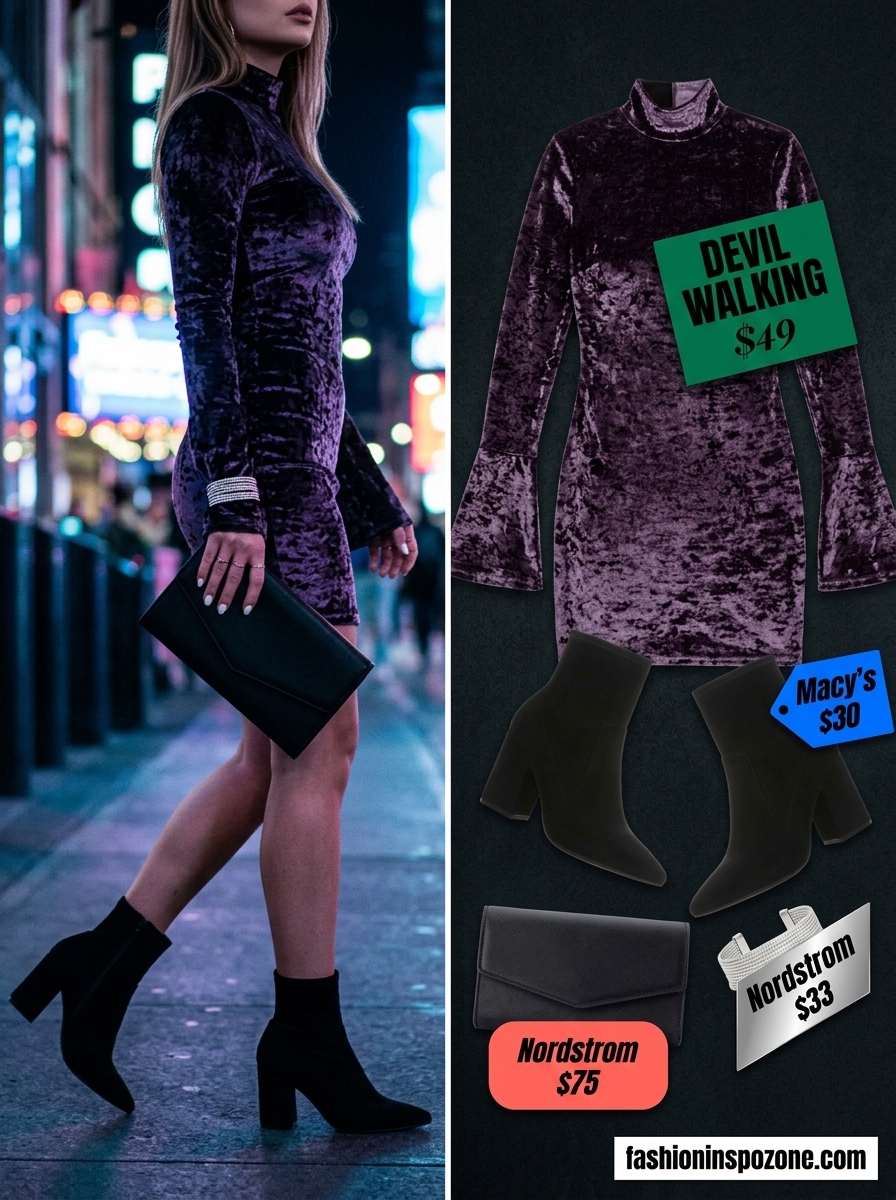 Deep purple velvet bodycon mini dress with black ankle boots for summer going out to a club outfits for women 2026.