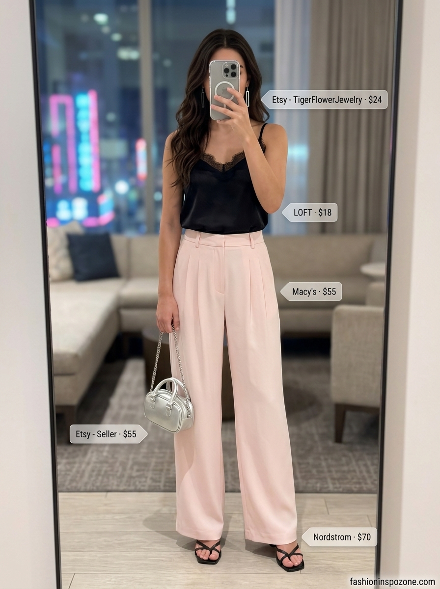 Elegant blush pink wide leg pants with black camisole for summer going out to a club outfits for women 2026.