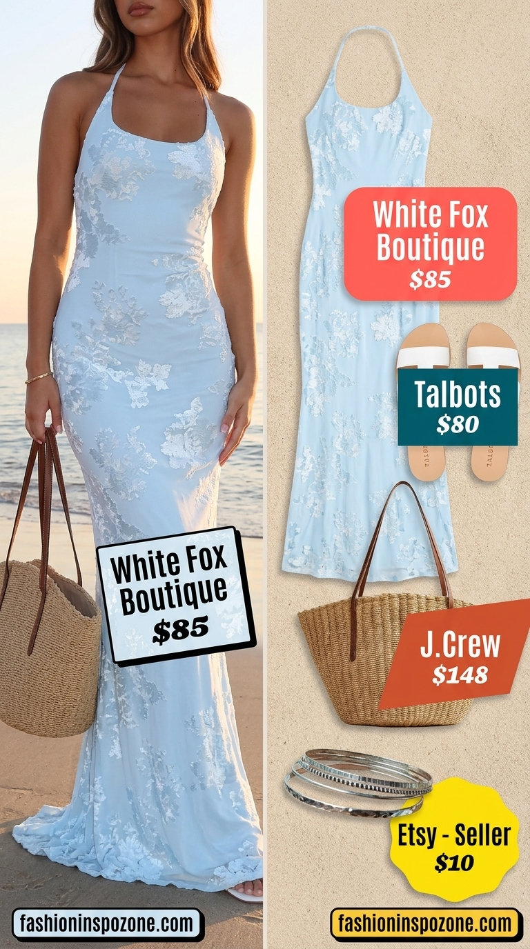 Relaxed summer halter neck outfits for women 2026: Sky blue maxi dress, leather sandals, straw tote, bangles.