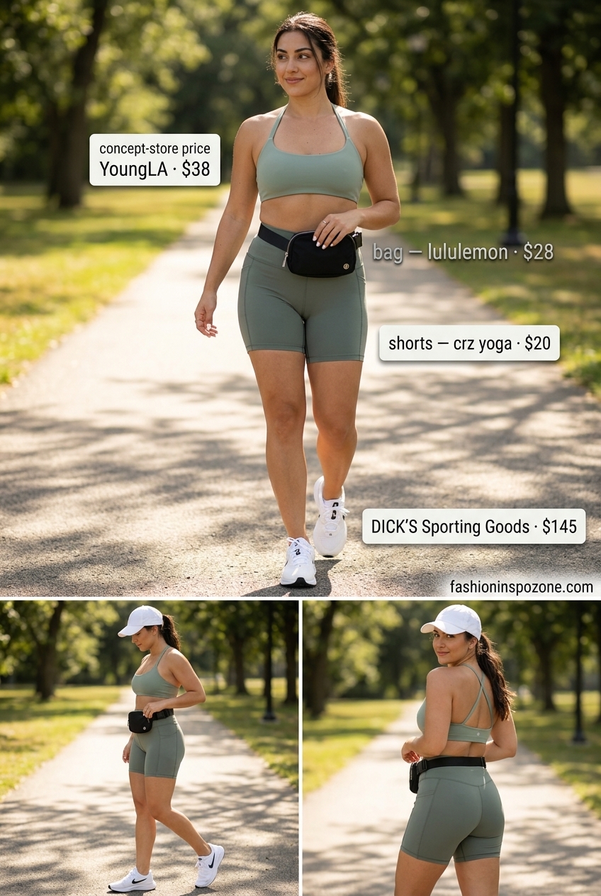 Sporty summer halter neck outfits for women 2026: Sage green sports bra, biker shorts, cap, belt bag.