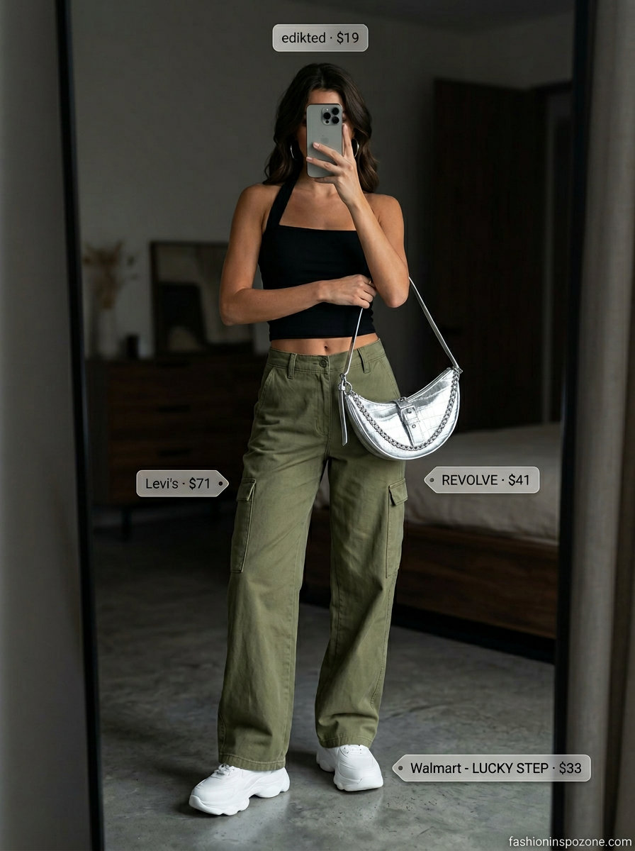 Edgy summer halter neck outfits for women 2026: Black crop top, olive cargo pants, chunky sneakers, silver hoops.