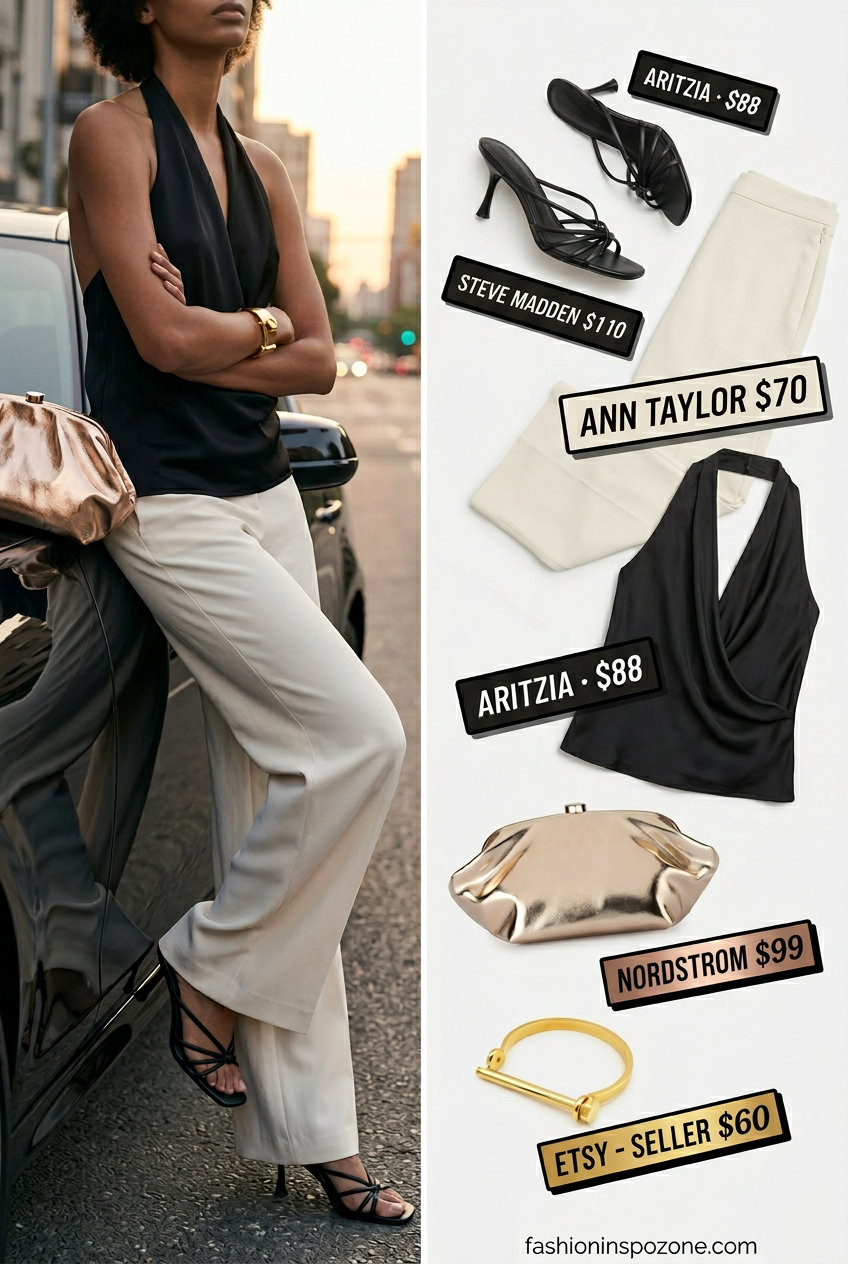 Chic summer halter neck outfits for women 2026: Black halter top, white wide-leg trousers, stiletto heels, gold cuff.
