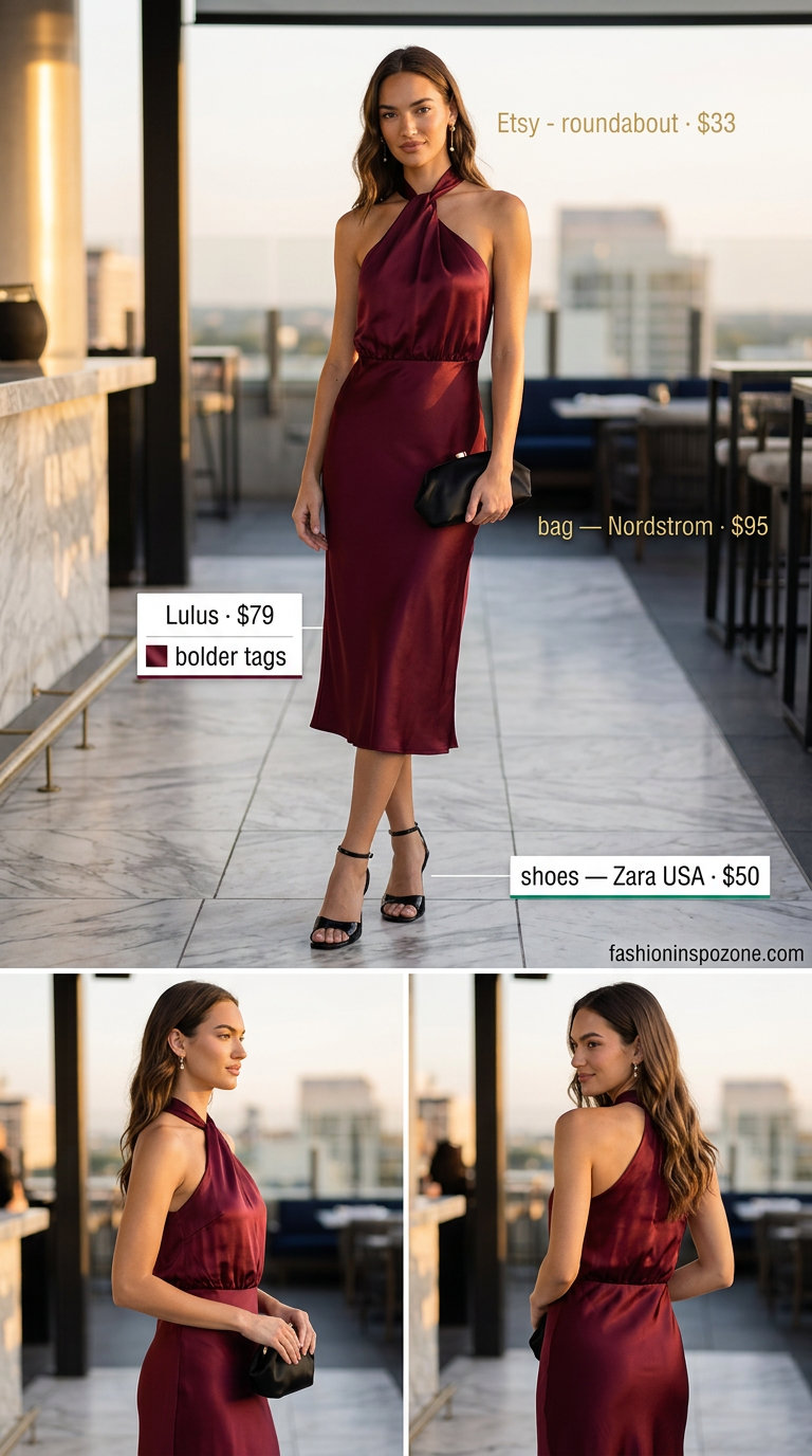 Elegant burgundy halter midi dress for women, perfect for evening events and weddings in 2026.