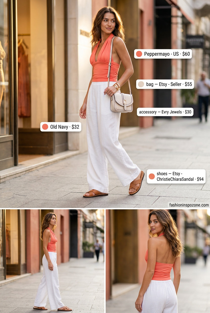 Chic coral halter crop top with white wide-leg pants for women's city brunch outfits in 2026.