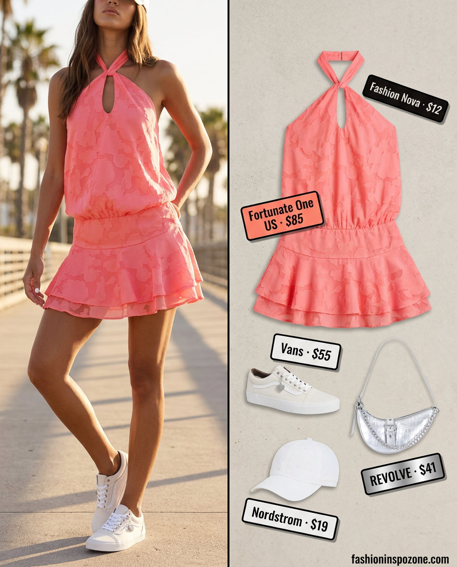 Coral pink halter dress with sneakers. Summer Halter Neck outfits for women 2026.