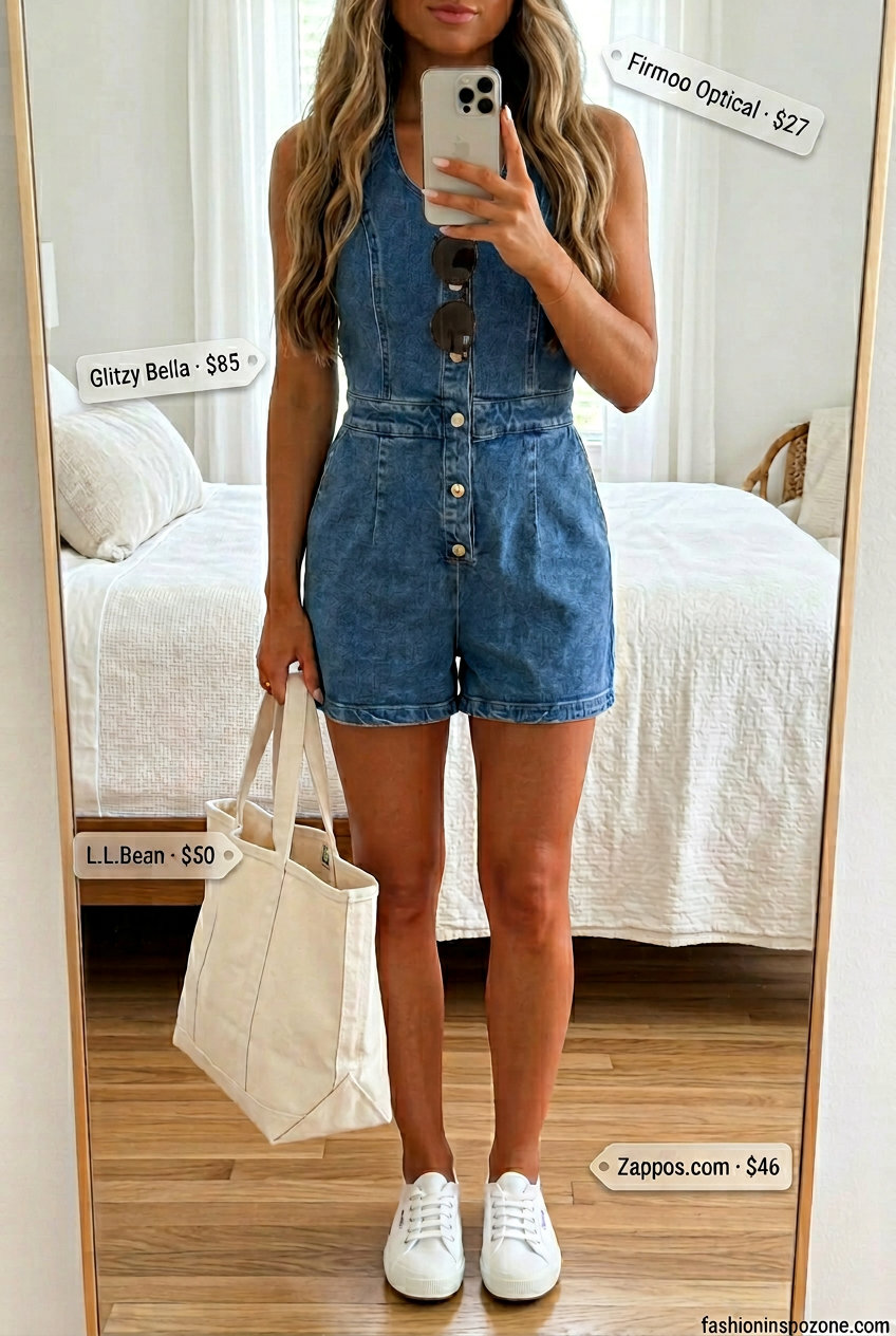 Retro indigo denim halter romper for women, perfect for casual days and picnics in 2026.