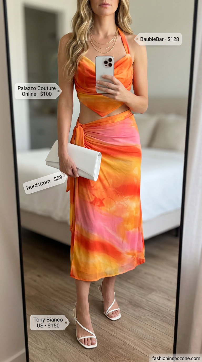 Sophisticated sunset gradient halter crop top and midi skirt set for women's date nights in 2026.