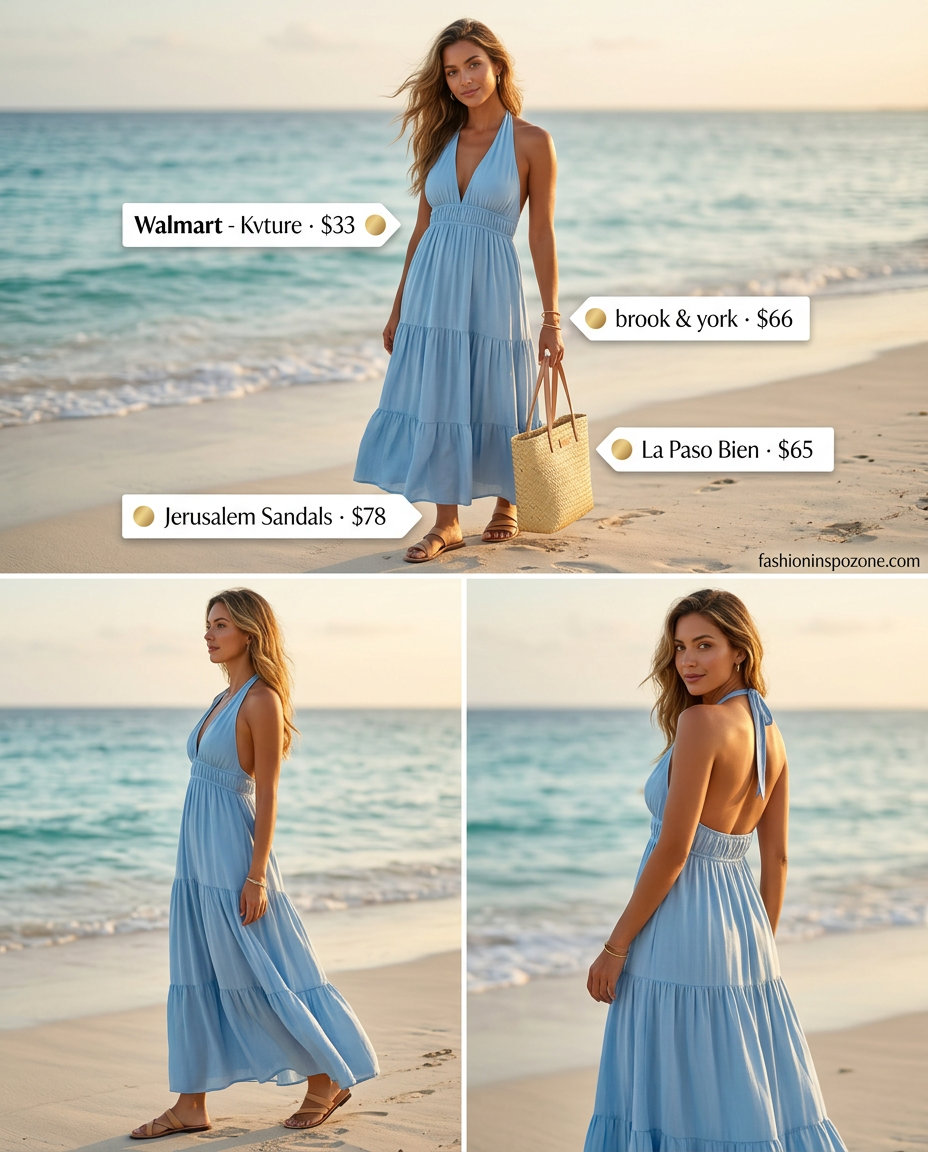 Coastal summer halter neck outfits for women 2026: Ocean blue maxi dress, leather sandals, straw tote, gold bangles.