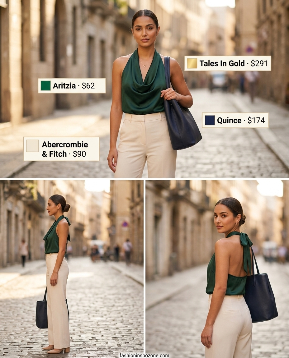 Polished olive green halter silk blouse with cream trousers for women's business casual in 2026.