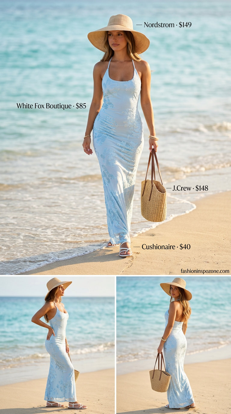 Relaxed sky blue halter maxi dress for women, ideal for beach days and summer brunches in 2026.