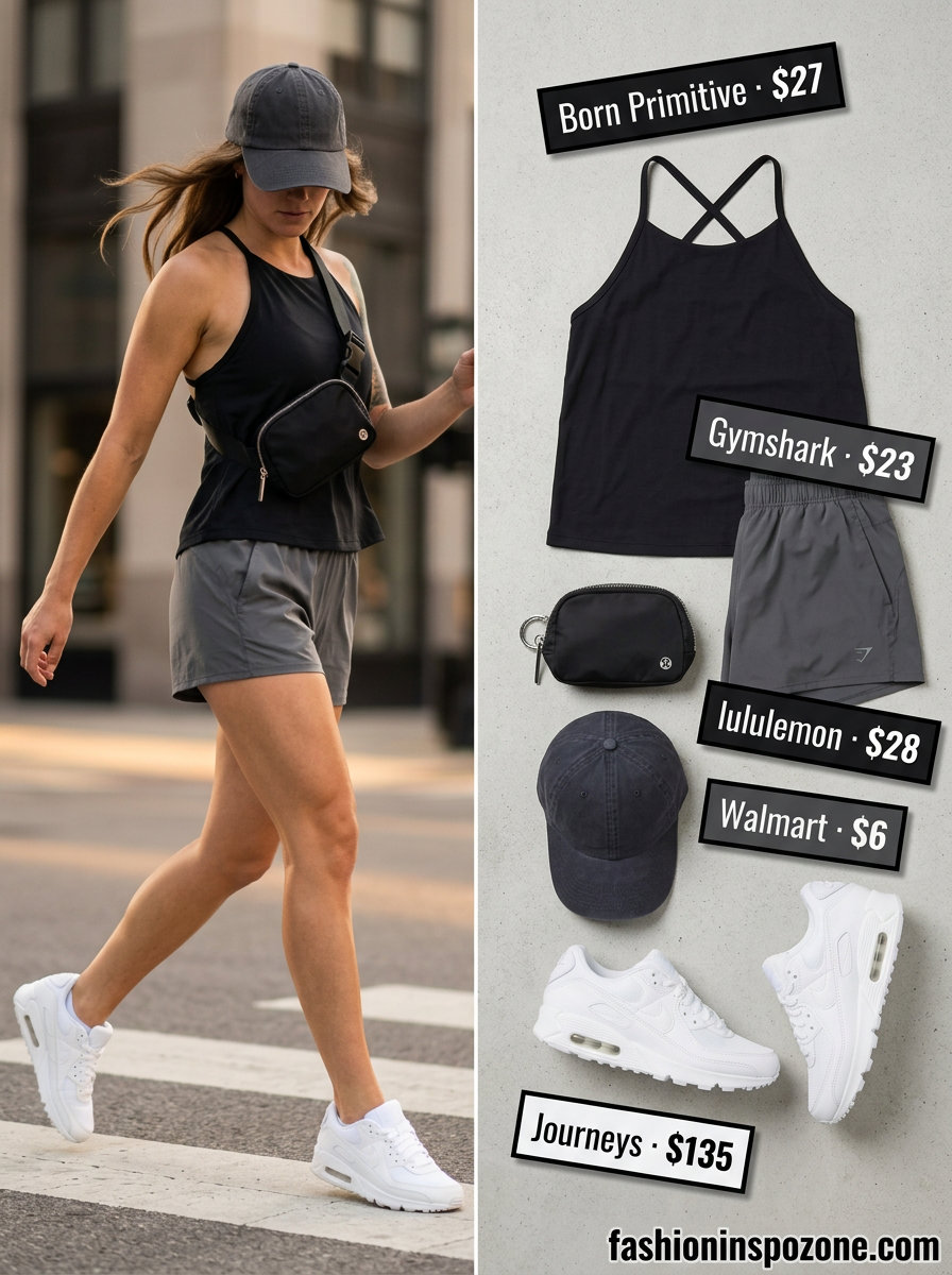 Sporty black halter tank with athletic shorts. Summer Halter Neck outfits for women 2026.