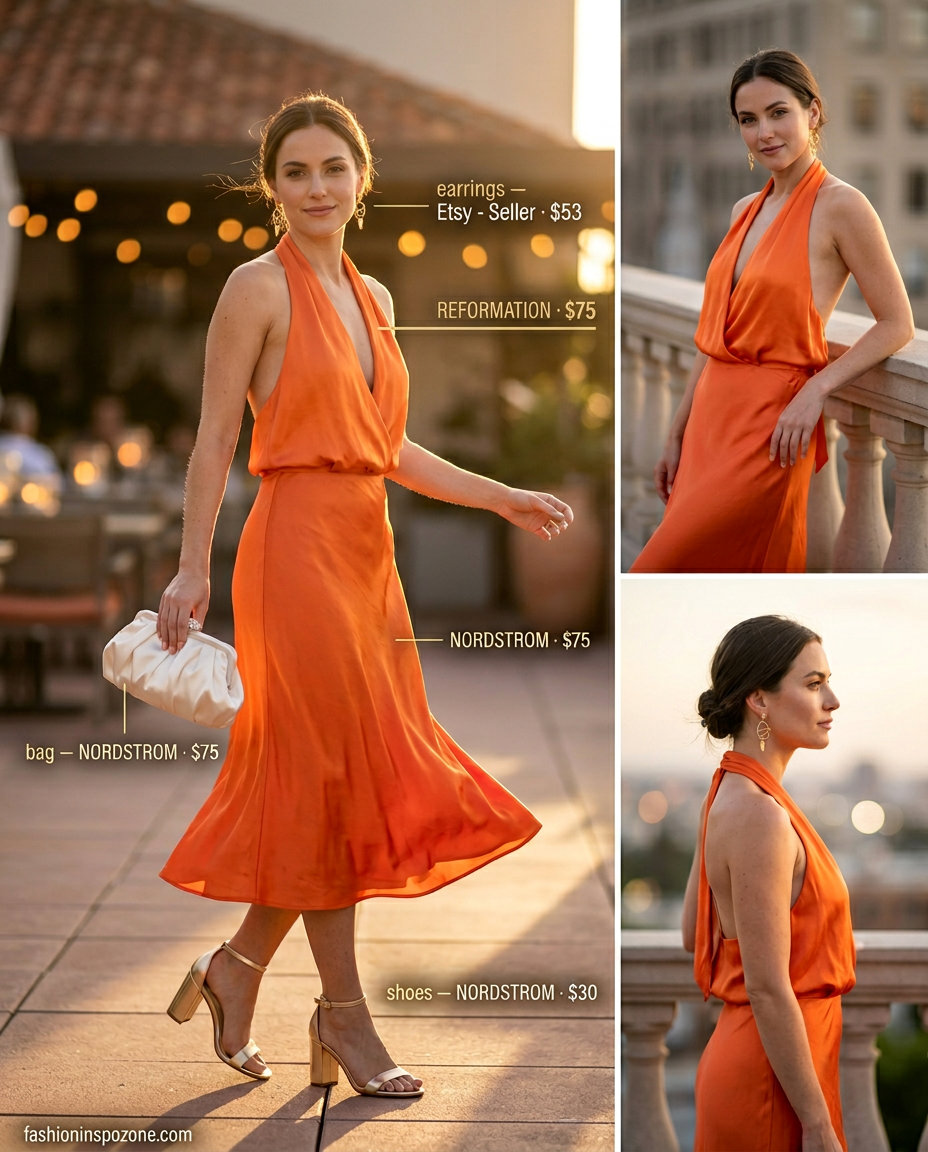 Vibrant sunset print halter crop top and midi skirt set for women's evening events in 2026.
