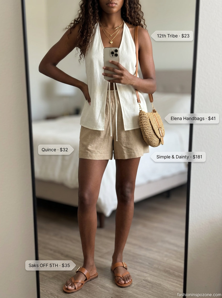 Fresh summer halter neck outfits for women 2026: White halter blouse, beige linen shorts, leather sandals, straw bag.