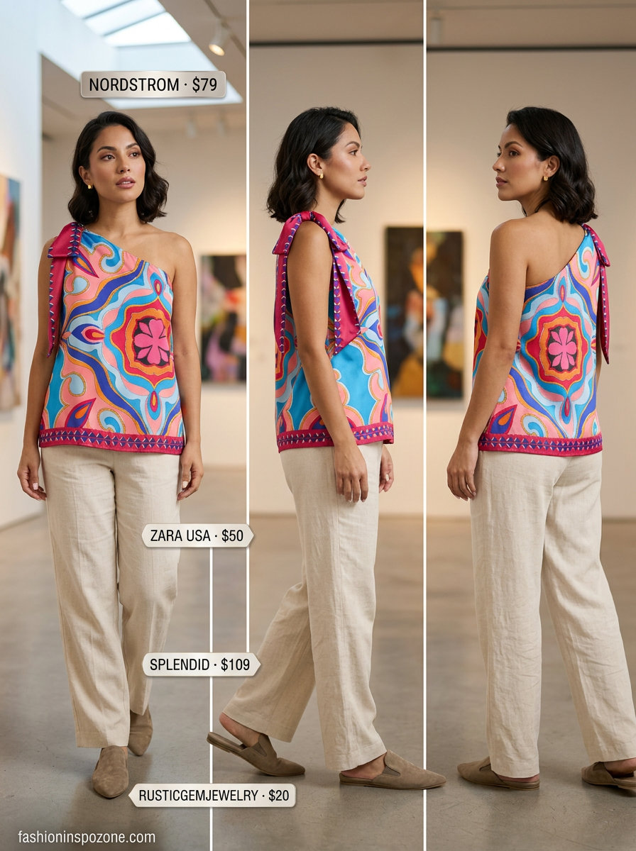 Artsy summer outfits 2026: Abstract print halter top, cream trousers, suede mules for a gallery opening.