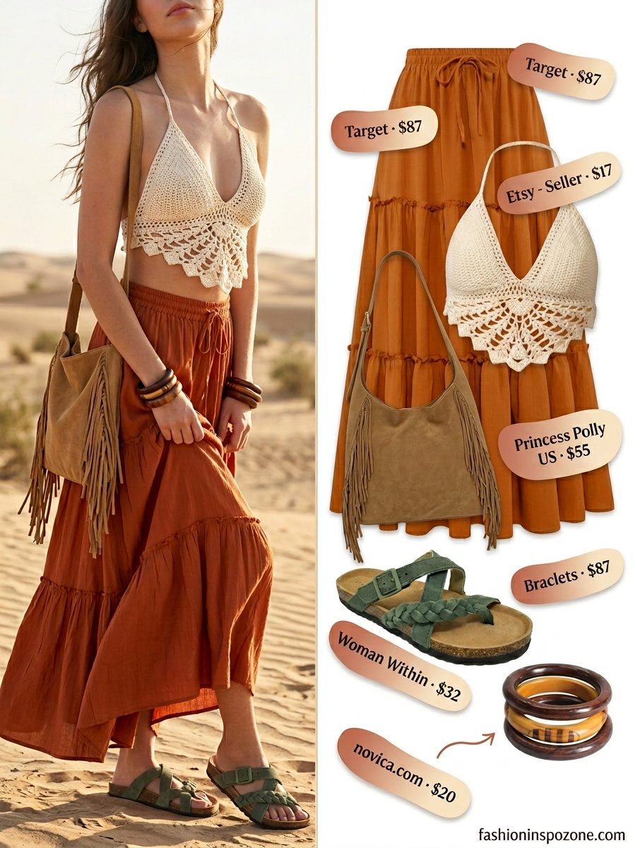 Boho summer outfits 2026: Cream crochet halter top, rust maxi skirt, leather sandals for a festival.