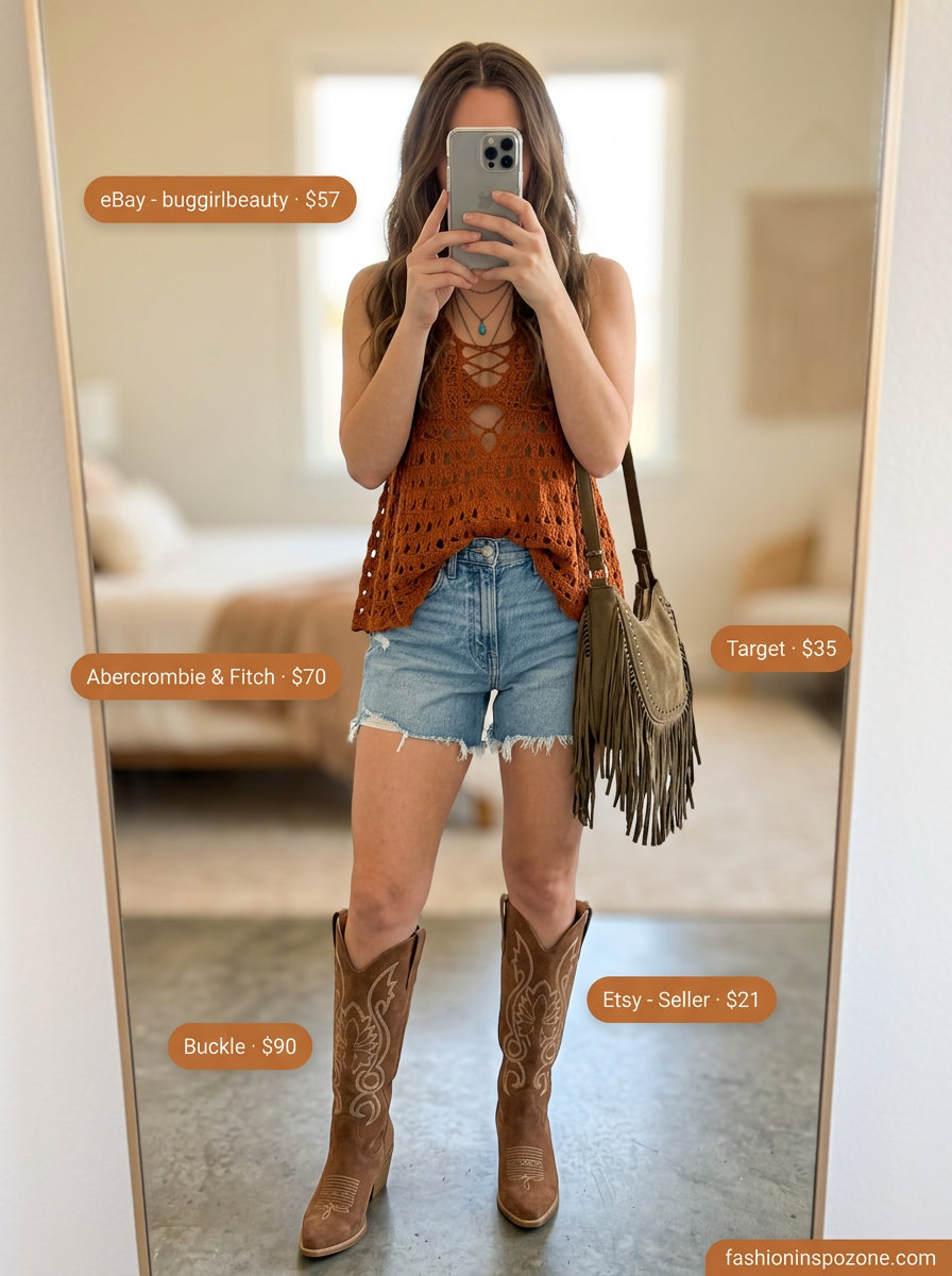 Boho festival outfit: rust crochet halter top, distressed denim shorts, fringe bag, and western boots. Summer halter sleeveless tops 2026.
