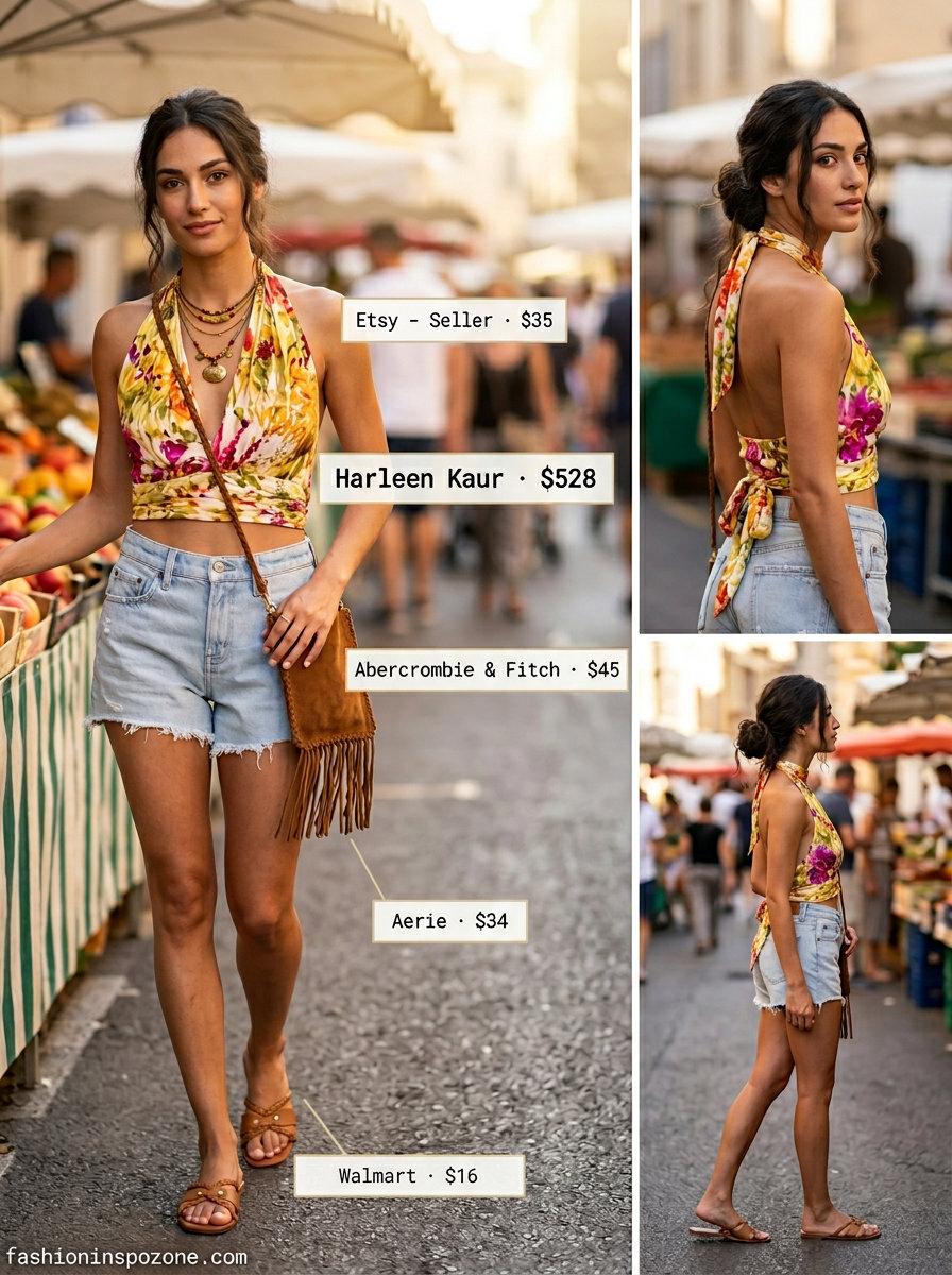 Bohemian garden outfit: white floral halter top, distressed denim shorts, layered necklaces, and fringe bag. Summer halter sleeveless tops 2026.