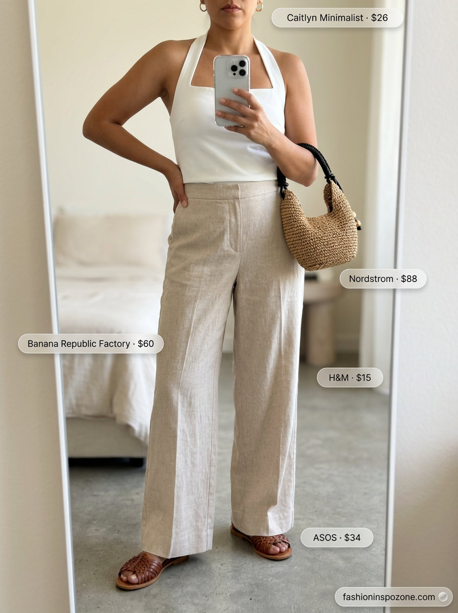Elegant summer halter sleeveless tops 2026: White halter top with natural linen trousers for brunch.