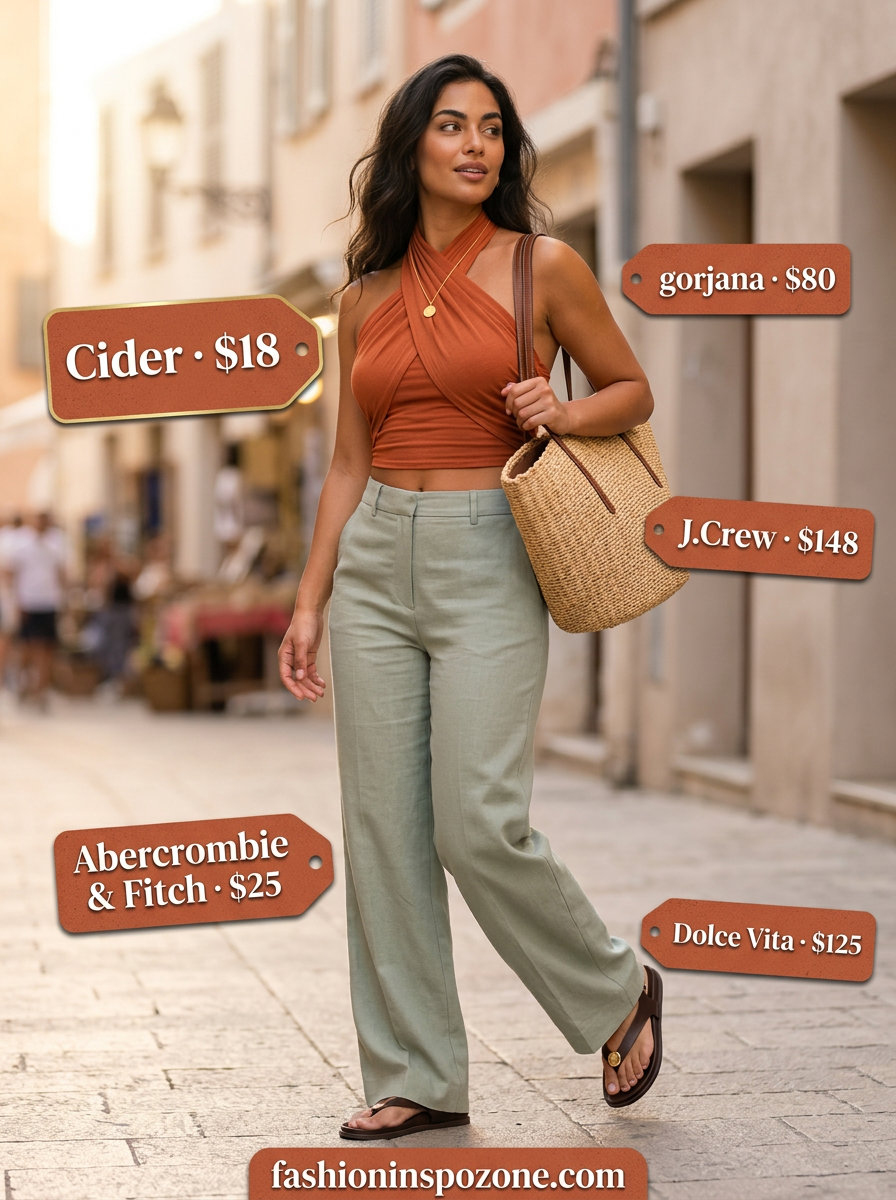 Desert summer outfits 2026: Terracotta halter top, linen pants, straw tote for vacation sightseeing.
