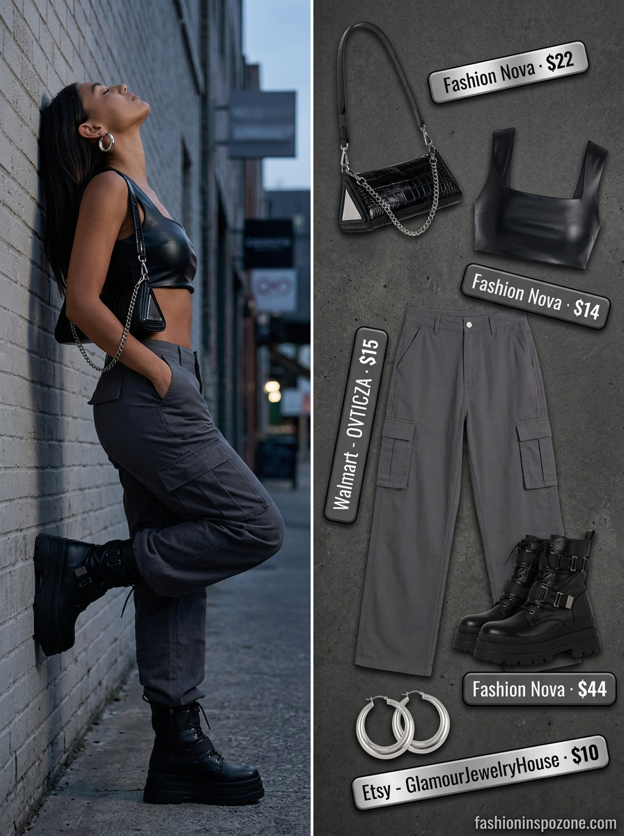 Edgy summer halter sleeveless tops 2026: Black square neck crop top with cargo pants for night out.