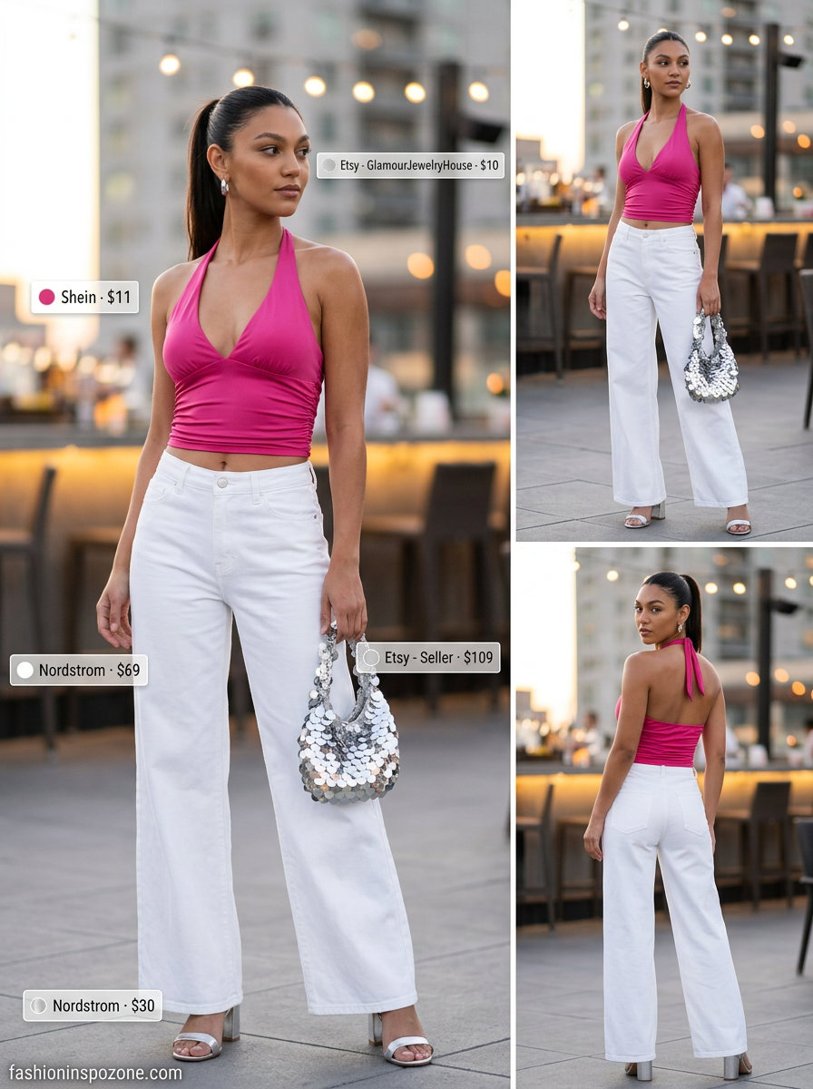 Vibrant summer party look: fuchsia halter crop top, white wide-leg jeans, silver sequin bag, and block heels. Summer halter sleeveless tops 2026.