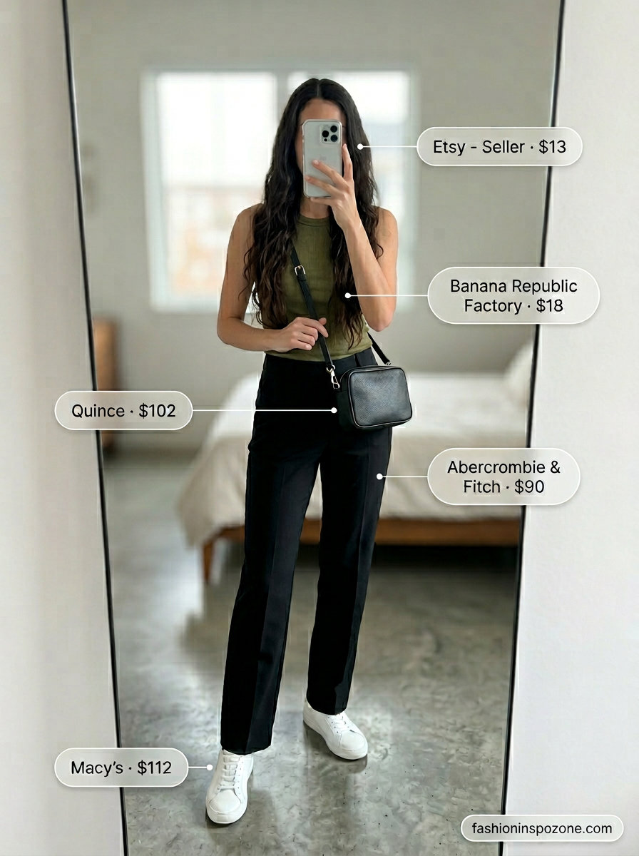 Chic summer outfits 2026: Olive green tank top, black trousers, white sneakers for elevated everyday ease.