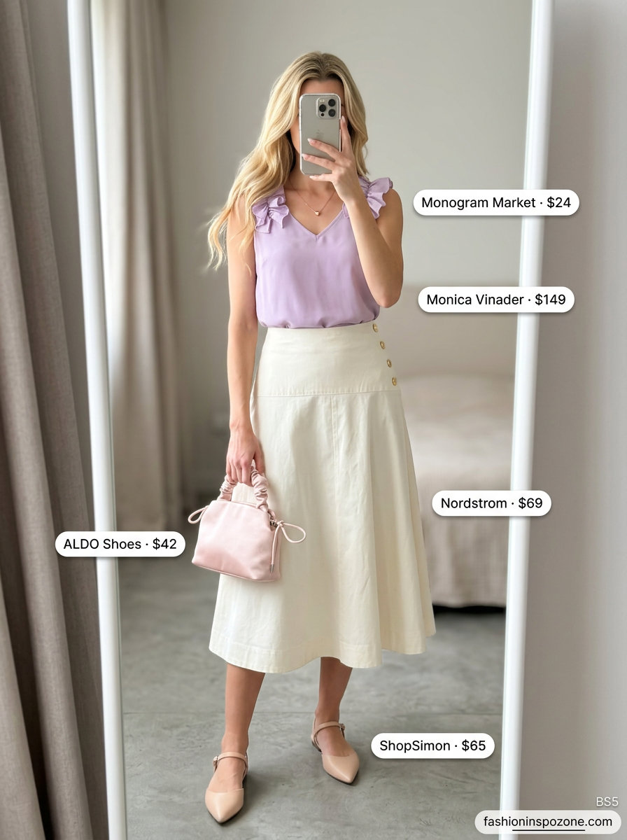 Romantic summer halter sleeveless tops 2026: Lavender ruffle top with ivory midi skirt for garden party.