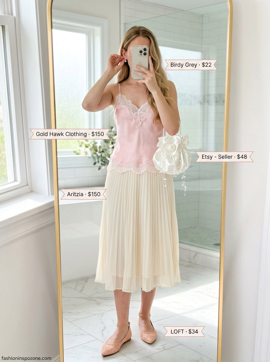 Romantic summer halter sleeveless tops 2026: Blush pink lace halter cami with cream pleated skirt for garden tea.