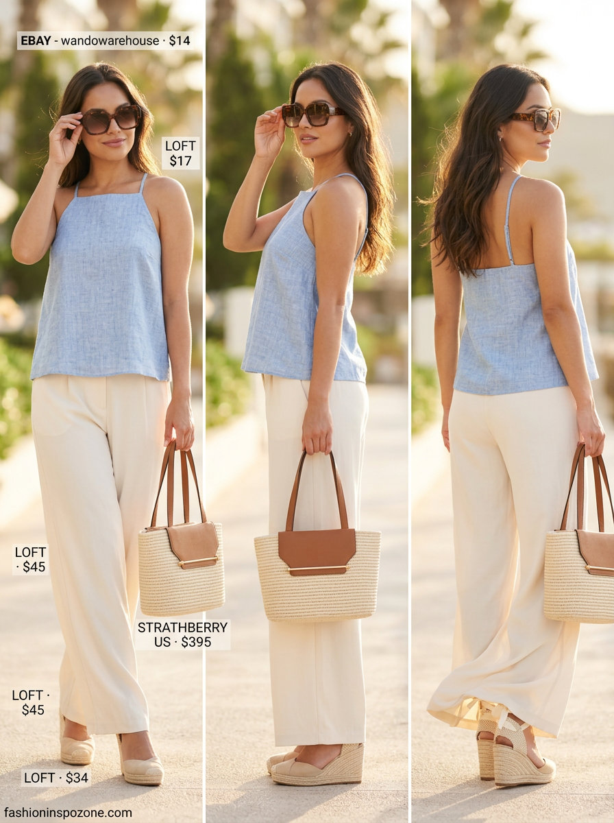 Chic resort wear: dusty blue halter top, cream palazzo pants, raffia bag, and espadrille wedges. Summer halter sleeveless tops 2026.