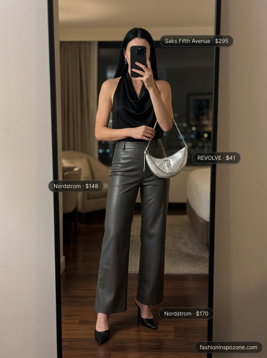 Sultry summer halter sleeveless tops 2026: Black silk halter cami with faux leather trousers for cocktail party.