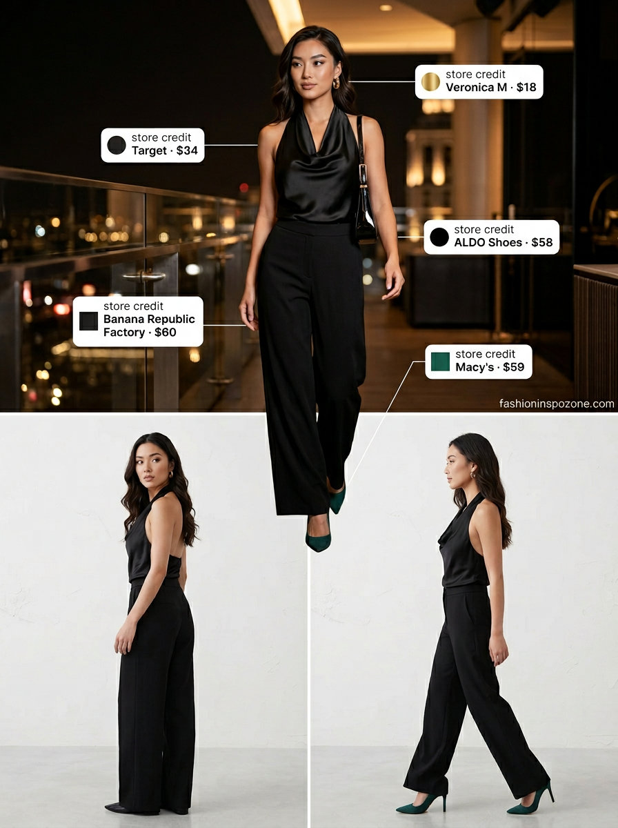 Alluring summer halter sleeveless tops 2026: Black satin halter cami with wide-leg trousers for date night.