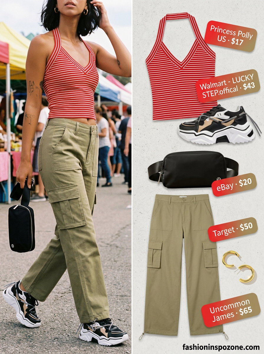 Sporty summer outfits 2026: Red striped halter top, khaki cargo pants, chunky sneakers for a retro concert look.