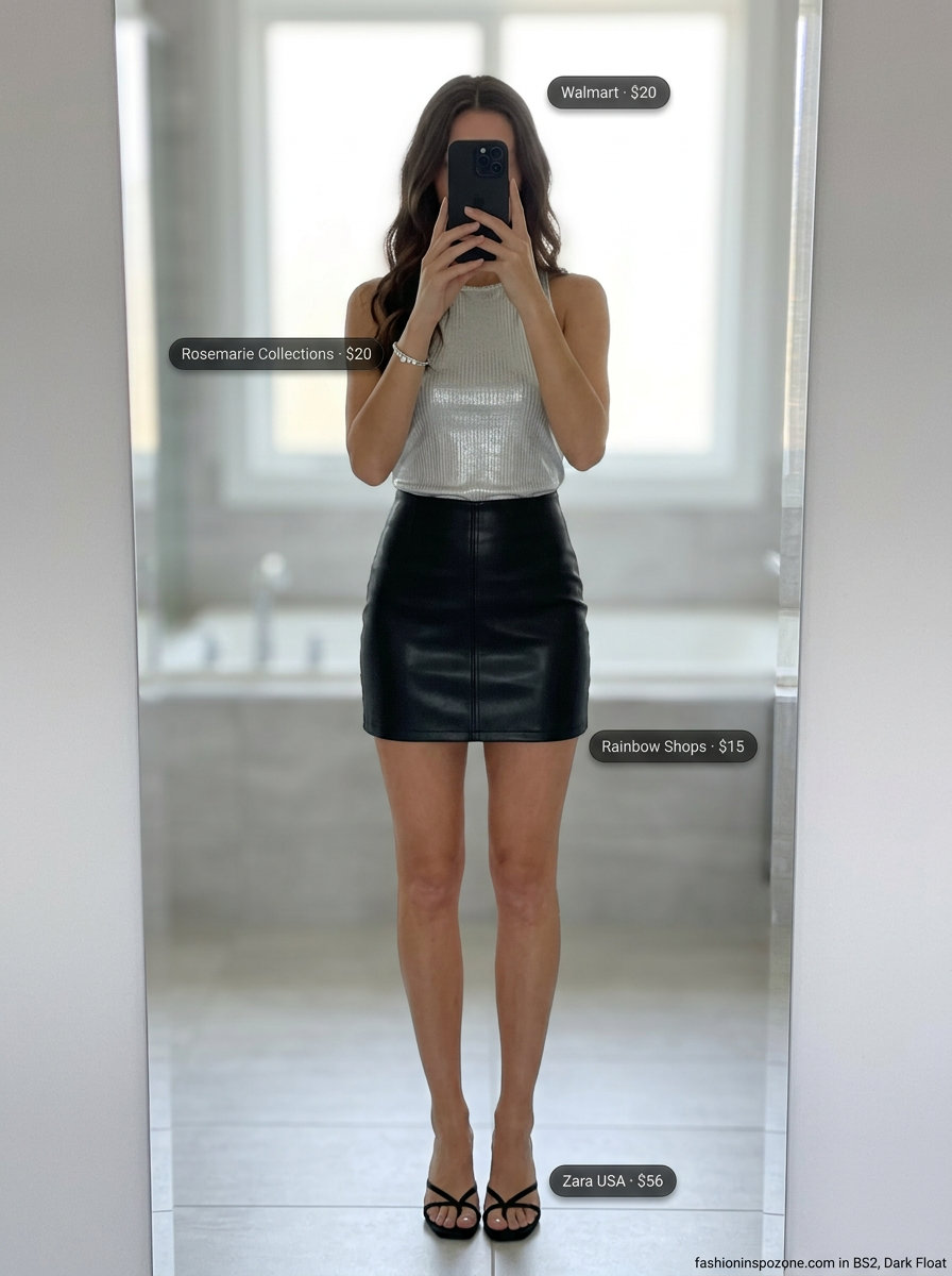Glamorous cocktail outfit: silver halter top, faux leather mini skirt, red clutch, and strappy heels. Summer halter sleeveless tops 2026.