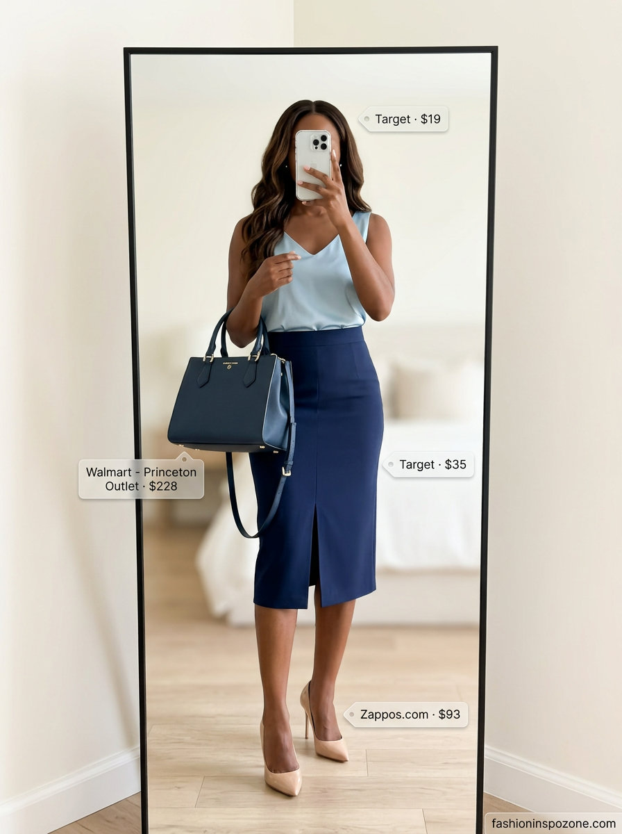 Office wear: sky blue blouse, navy pencil skirt, ivory pumps, and silver earrings. Summer halter sleeveless tops 2026.