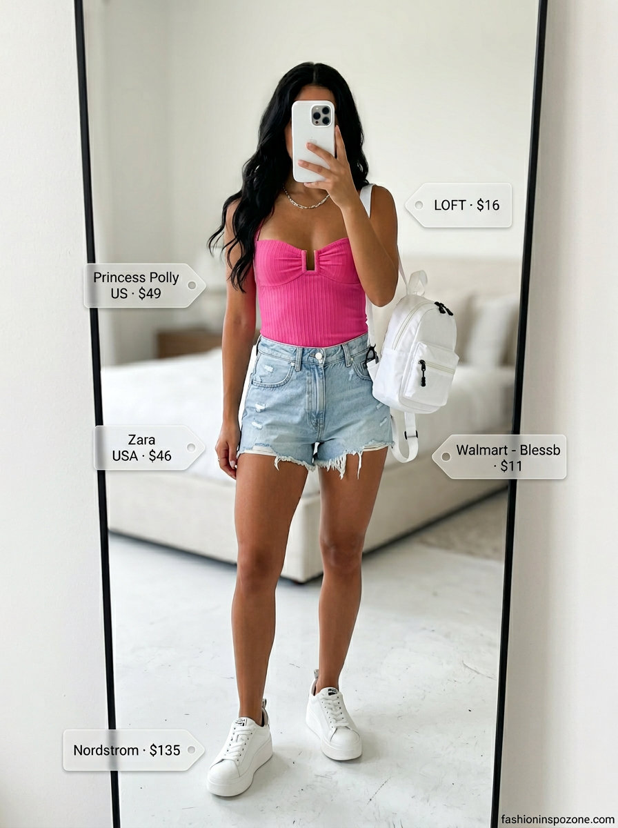 Trendy summer outfits 2026: Hot pink halter top, distressed denim shorts, platform sneakers for a city stroll.