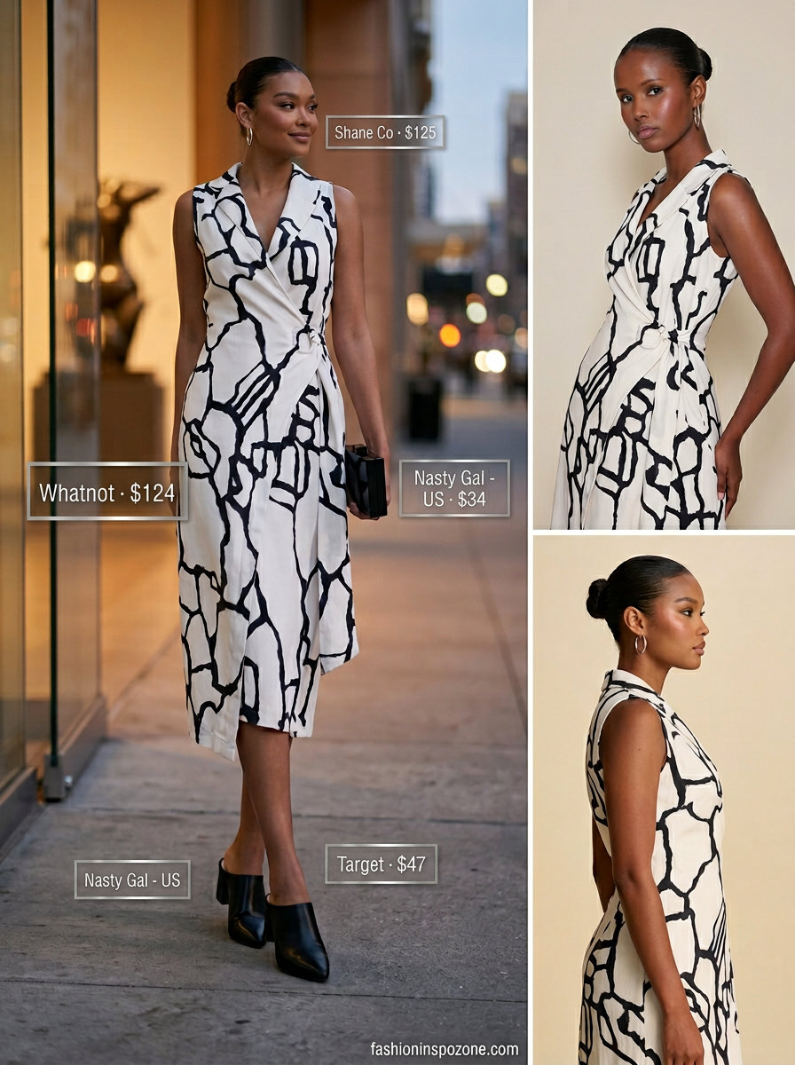 Art Gallery Opening: Black and white abstract print summer midi sleeveless dress 2026 with mules and hoop earrings.