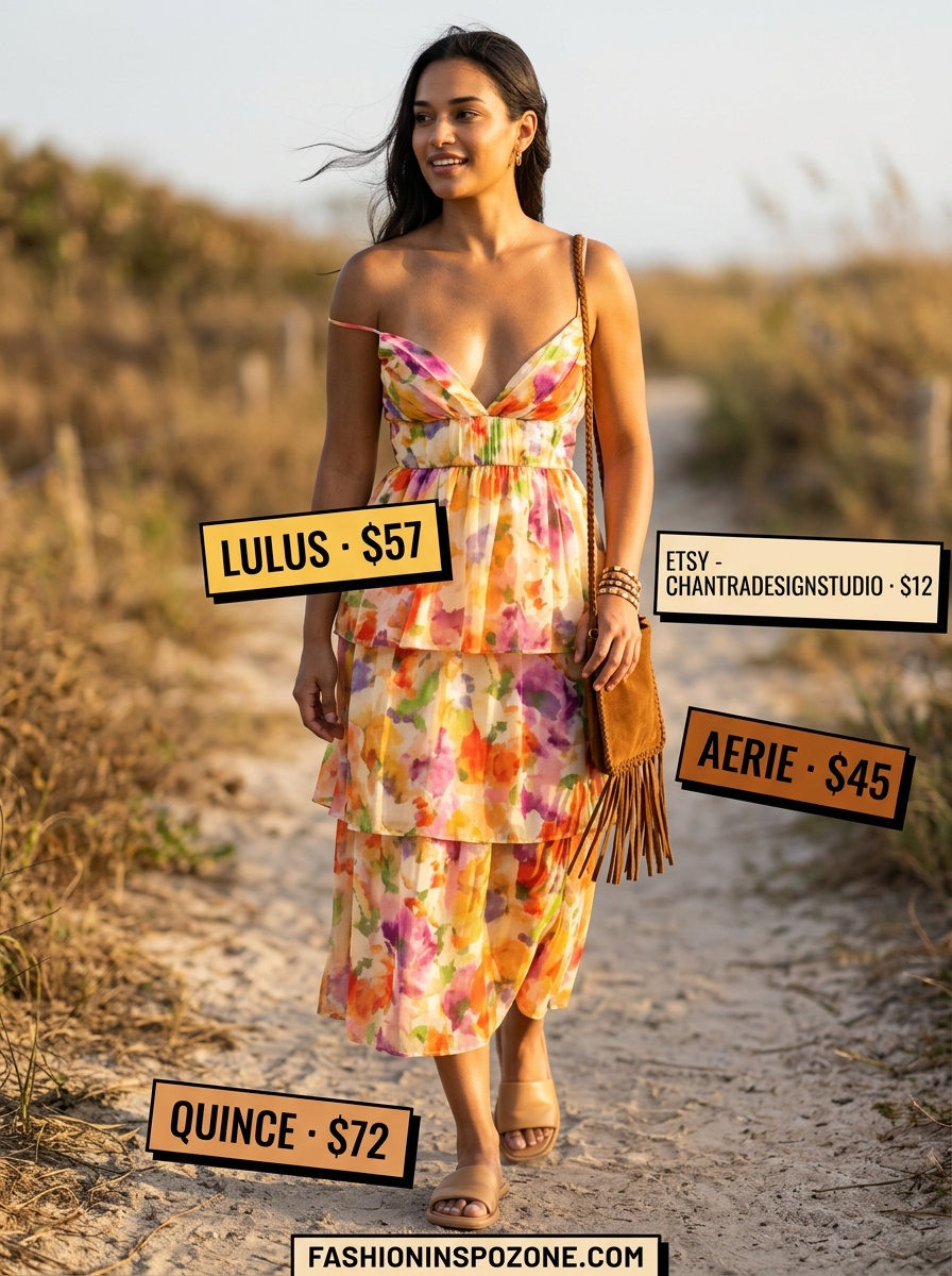 Boho terracotta abstract print sleeveless midi dress for beach vacations and summer evenings 2026.