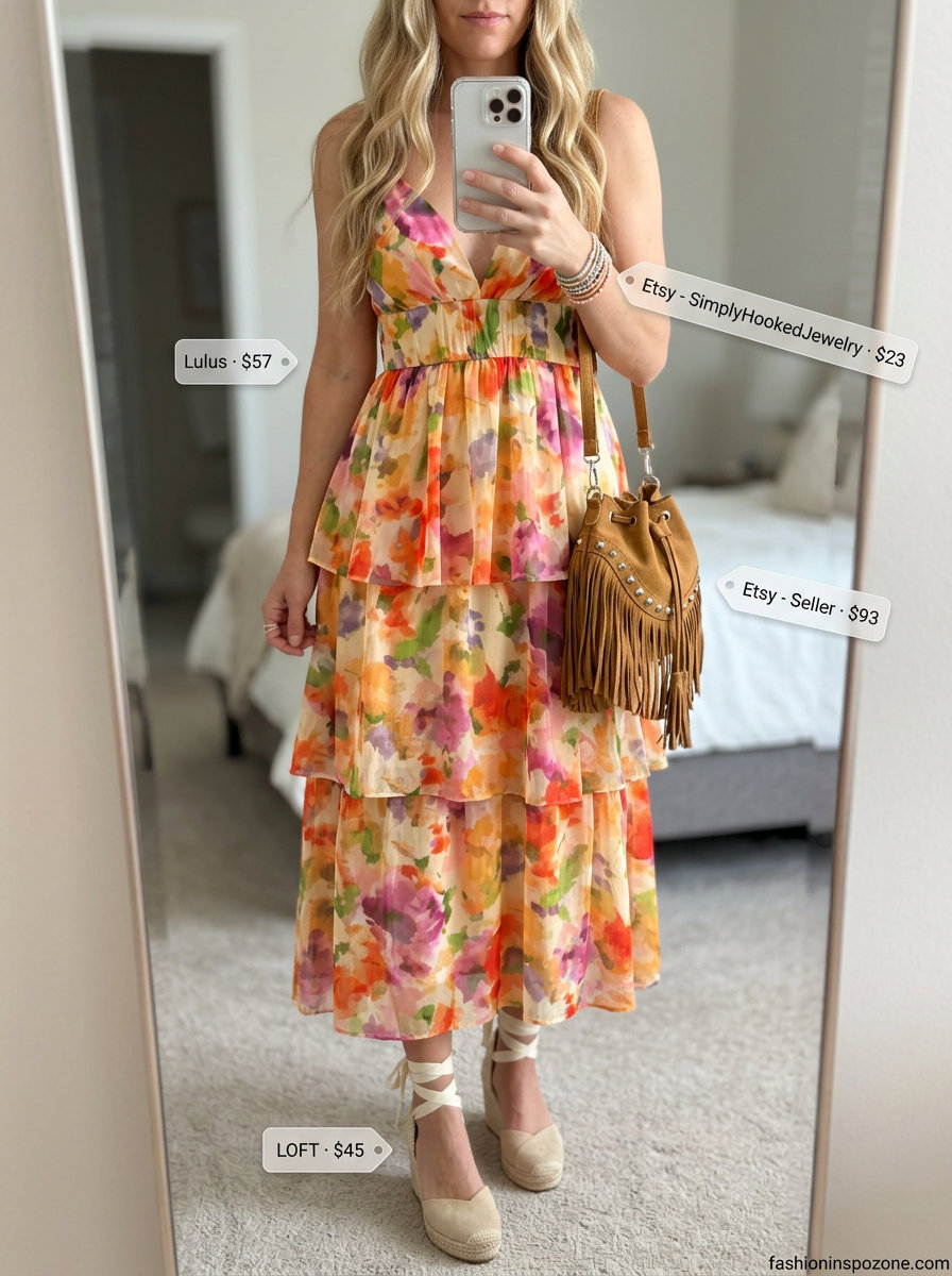 Multi-color floral summer midi sleeveless dress 2026 with espadrilles, beaded bracelets, and fringe bag.